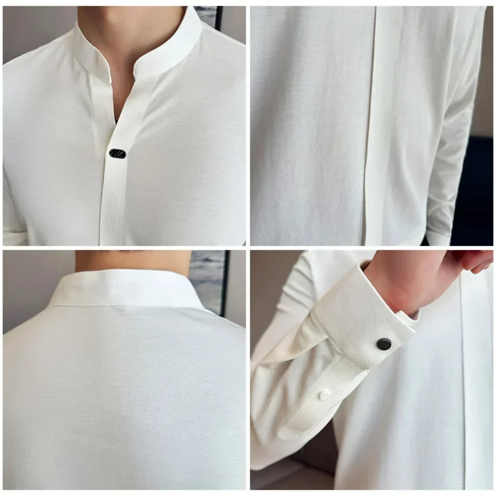 Modern Chinese Style Men’s Polo – High-Stretch Slim Long Sleeve Top