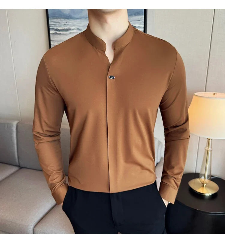 Modern Chinese Style Men’s Polo – High-Stretch Slim Long Sleeve Top