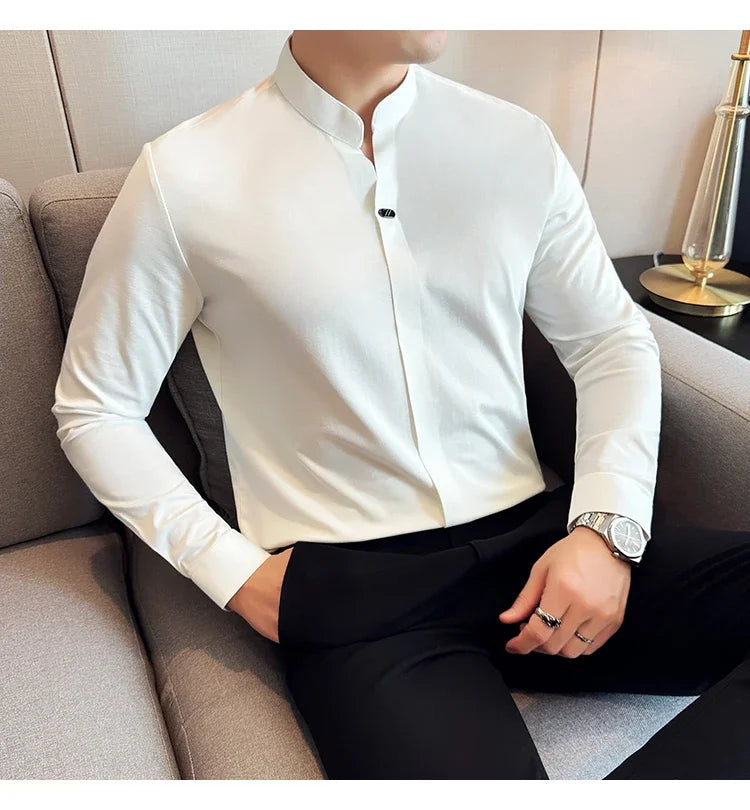 Modern Chinese Style Men’s Polo – High-Stretch Slim Long Sleeve Top