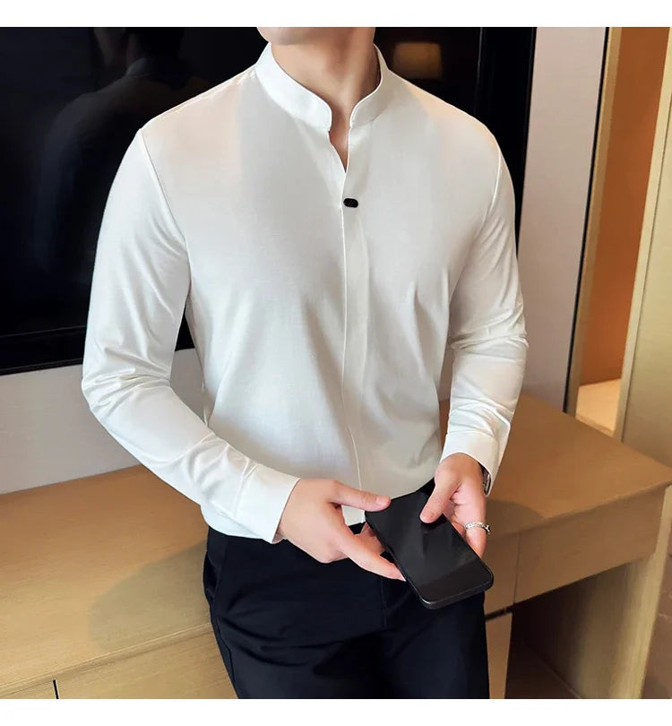 Modern Chinese Style Men’s Polo – High-Stretch Slim Long Sleeve Top