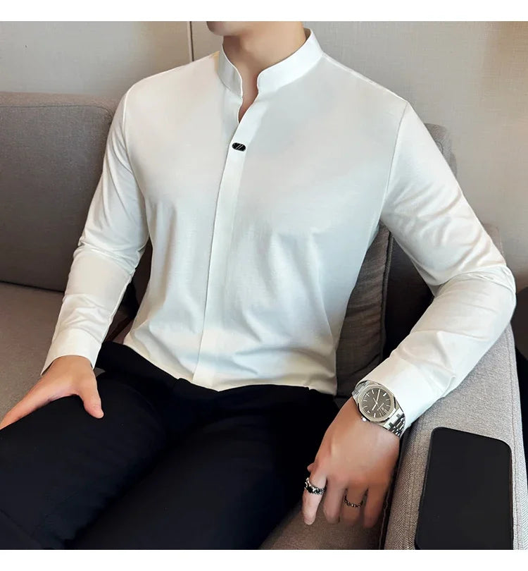 Modern Chinese Style Men’s Polo – High-Stretch Slim Long Sleeve Top
