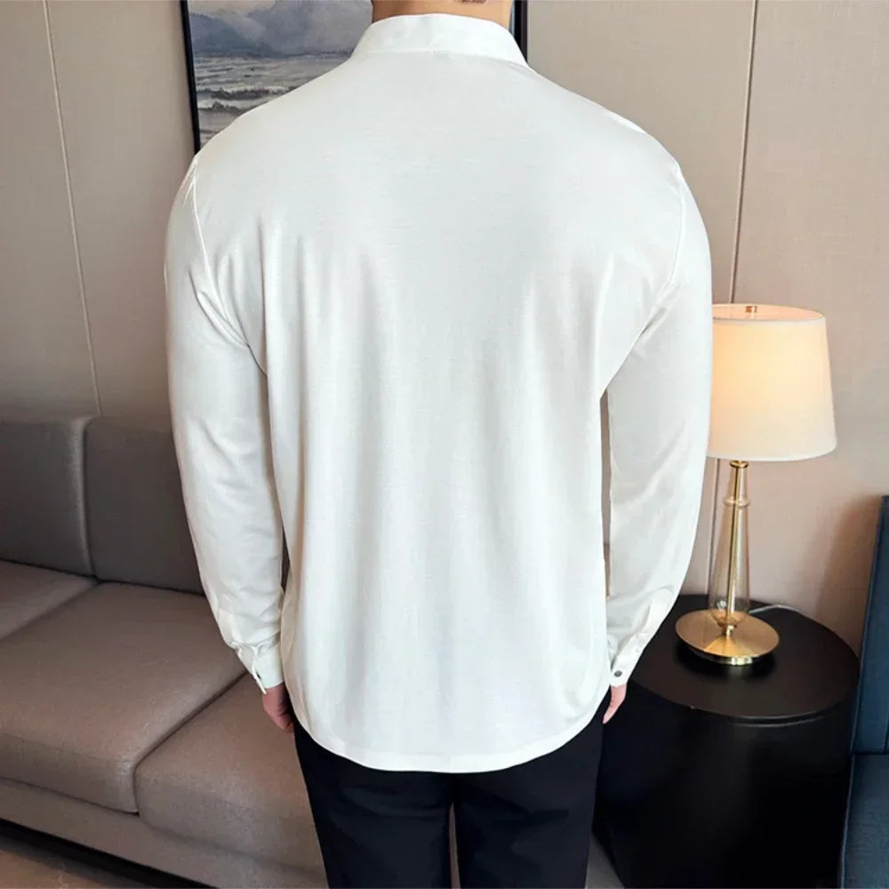 Modern Chinese Style Men’s Polo – High-Stretch Slim Long Sleeve Top