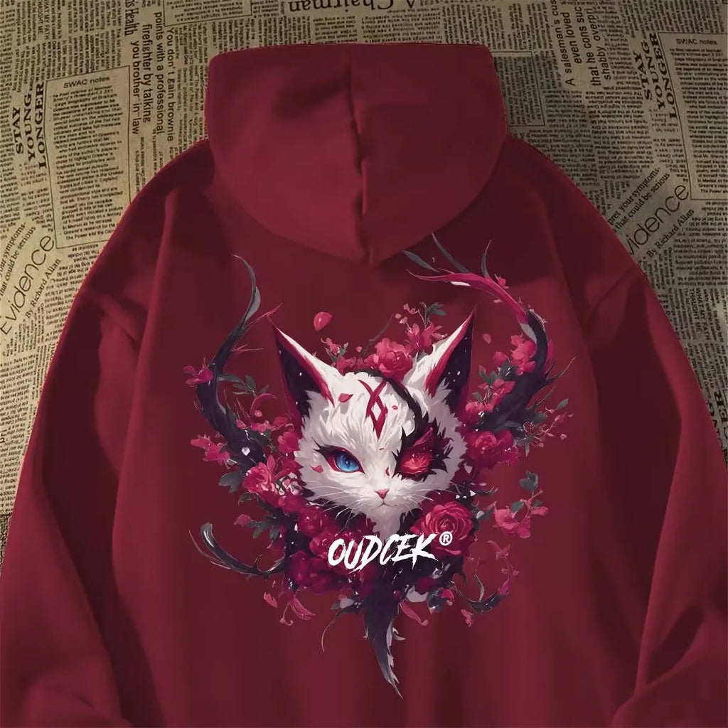 Retro Cat Print Oversized Men’s Hoodie – American & European Street Style 2026