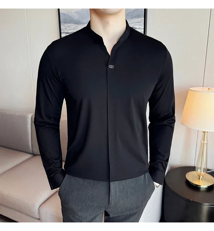 Modern Chinese Style Men’s Polo – High-Stretch Slim Long Sleeve Top