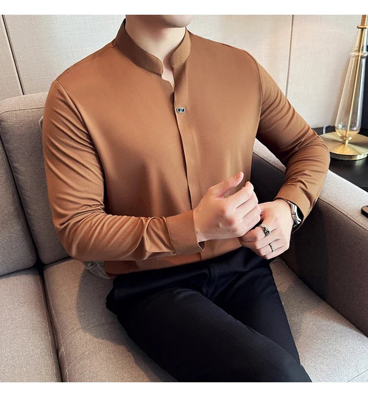 Modern Chinese Style Men’s Polo – High-Stretch Slim Long Sleeve Top