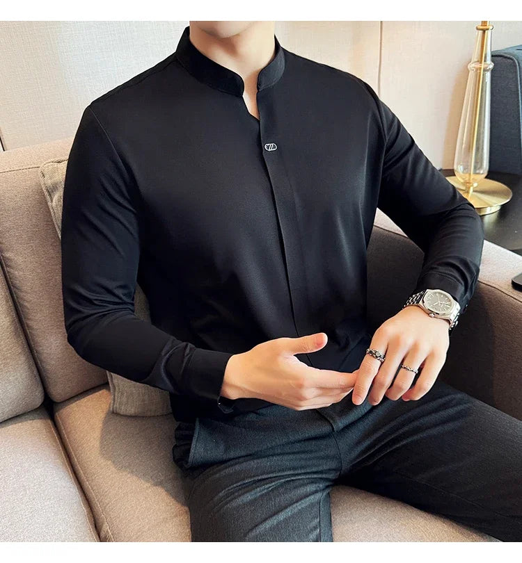 Modern Chinese Style Men’s Polo – High-Stretch Slim Long Sleeve Top