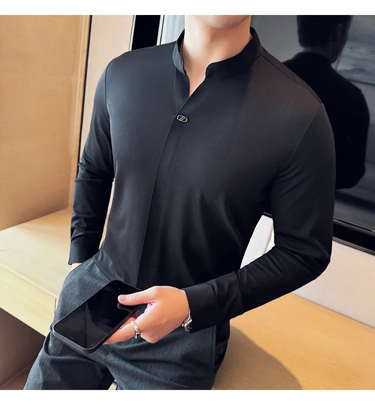 Modern Chinese Style Men’s Polo – High-Stretch Slim Long Sleeve Top