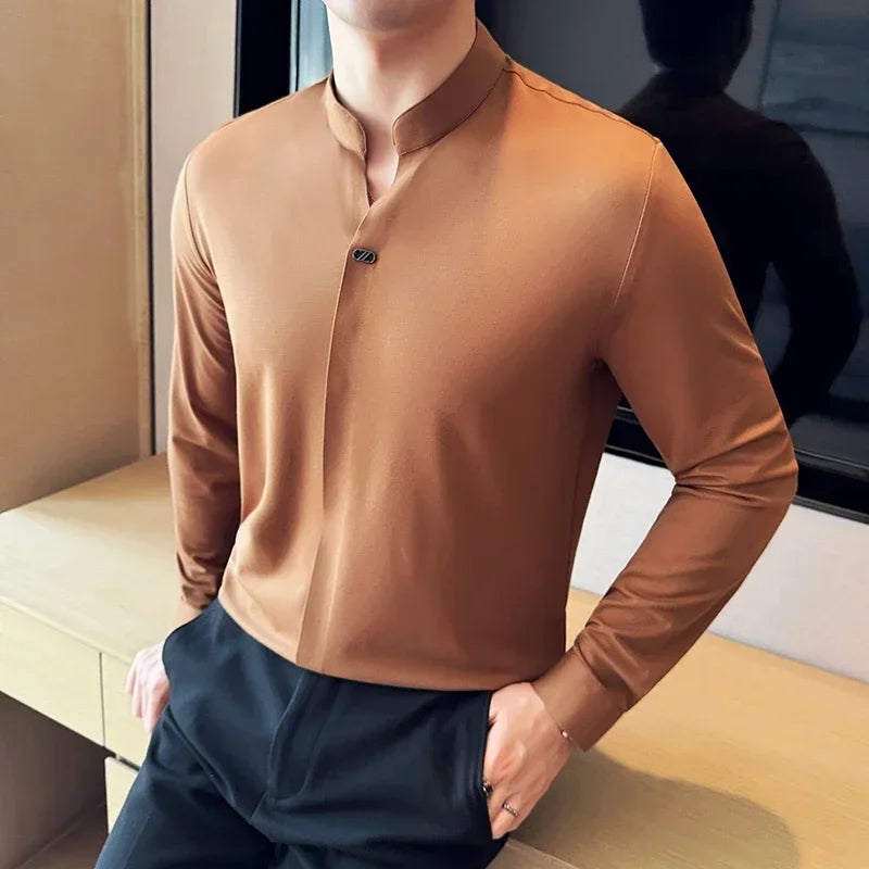 Modern Chinese Style Men’s Polo – High-Stretch Slim Long Sleeve Top