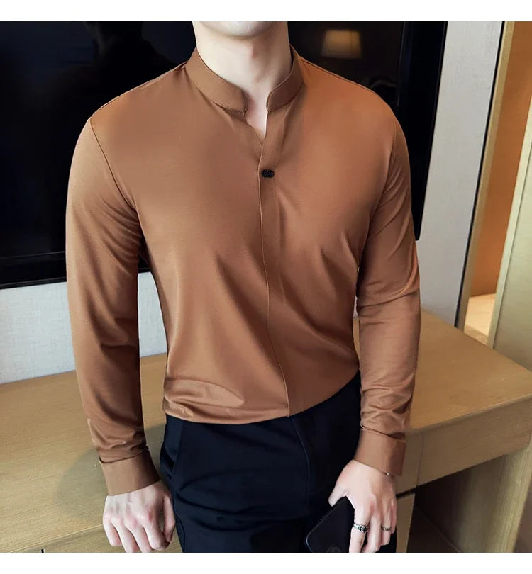 Modern Chinese Style Men’s Polo – High-Stretch Slim Long Sleeve Top
