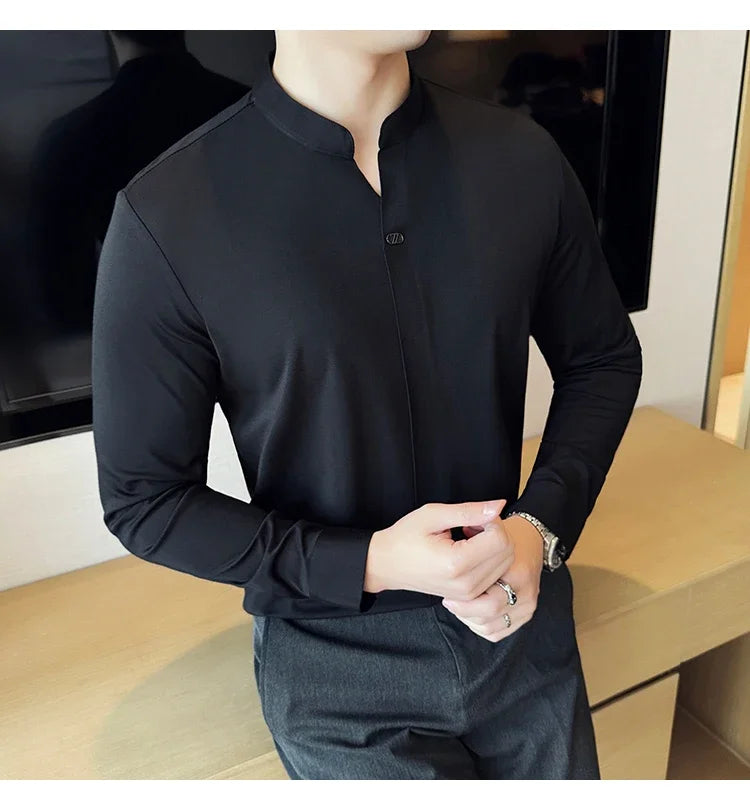 Modern Chinese Style Men’s Polo – High-Stretch Slim Long Sleeve Top