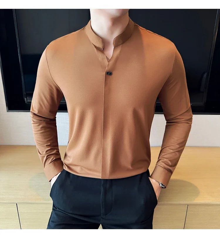 Modern Chinese Style Men’s Polo – High-Stretch Slim Long Sleeve Top