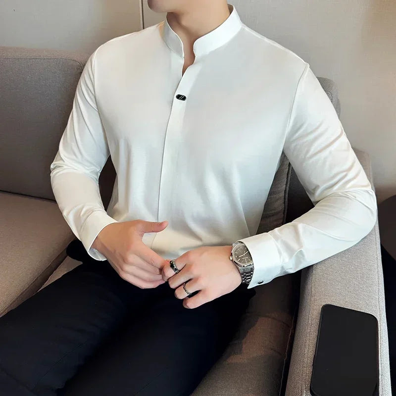 Modern Chinese Style Men’s Polo – High-Stretch Slim Long Sleeve Top
